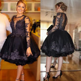 Black Short Lace Homecoming Dress Knee Length Long Sleeves Damas Dress Mychicdress